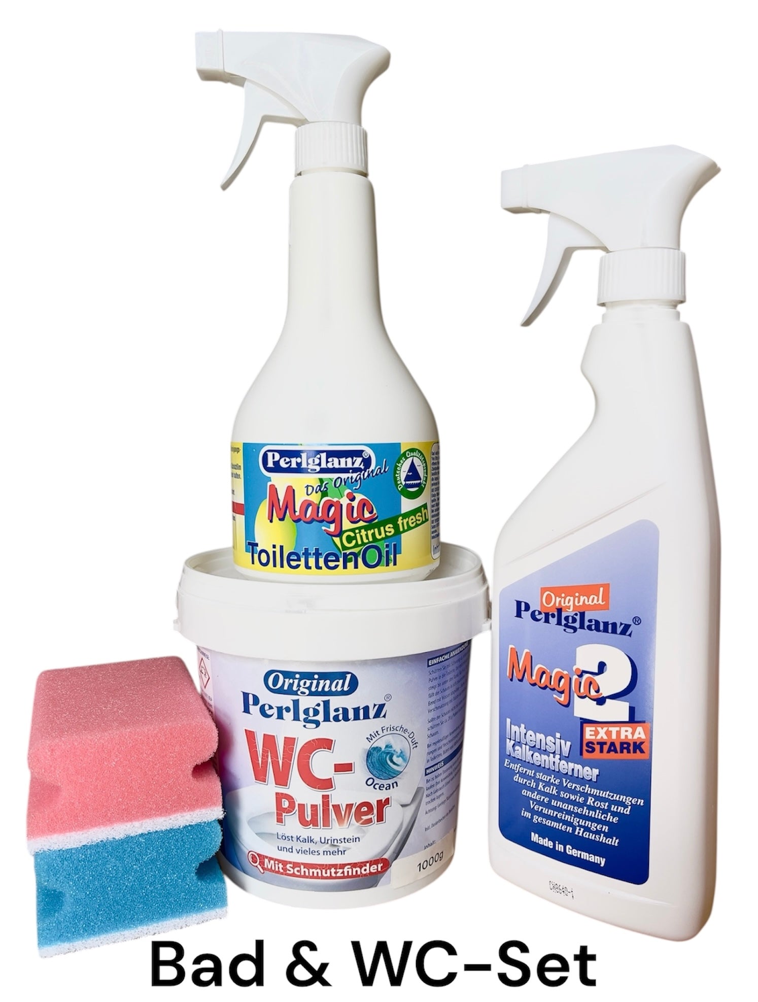 Bad und WC Set mit 1 x WC Pulver Ocean 1000g, 1 x Toilettenoil 500ml, 1 x Kalklöser 500ml und 2 Schwämme rot und blau