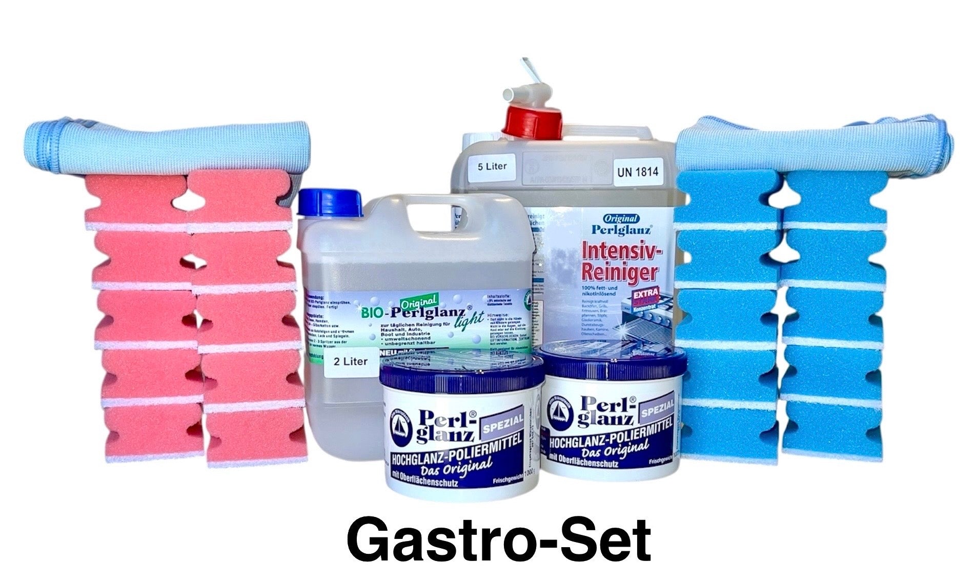 Gastro Set 2 x Spezial 1000g, 1 x Intensiv-Reiniger 5000ml, 1 x Bio-Light 2000ml, 20 x Schwämme rot und blau, 2 x Hightech Softfaser Tuch blau
