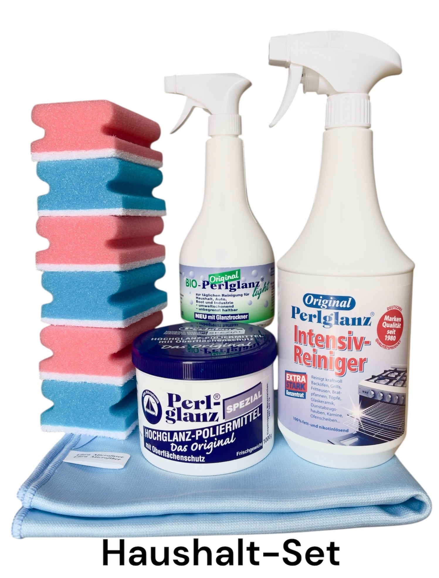 Haushalt-Set mit 1 x 1000g Spezial, 1000ml Intensiv-Reiniger, 1 x 500ml Bio-Light, je 3 x Schwamm rot und blau und 1 x Hightech Softfaser Tuch blau