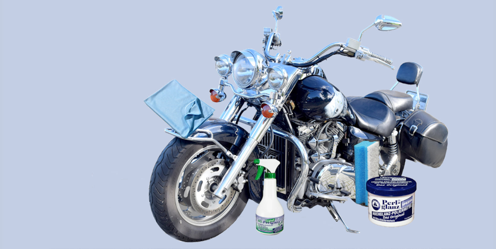 Motorrad mit viel Chrom und Seidenmicrofaser Tuch, Bio-Light Sprühflasche und Dose Spezial 1000g