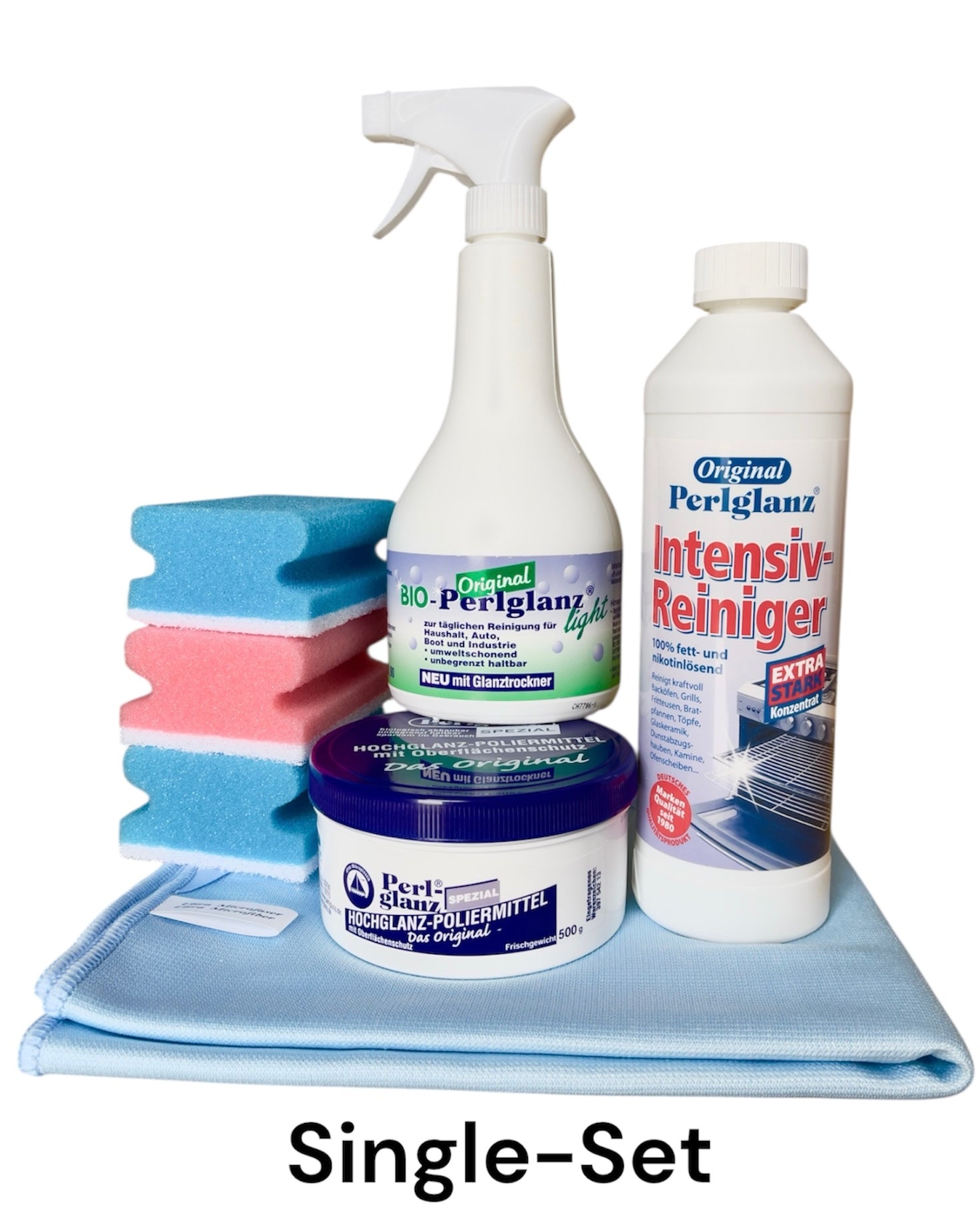 Singel - Set mit 1 x 500g Spezial, 500ml Intensiv-Reiniger, 1 x 500ml Bio-Light, 3 x Schwamm rot und blau und 1 x Hightech Softfaser Tuch blau