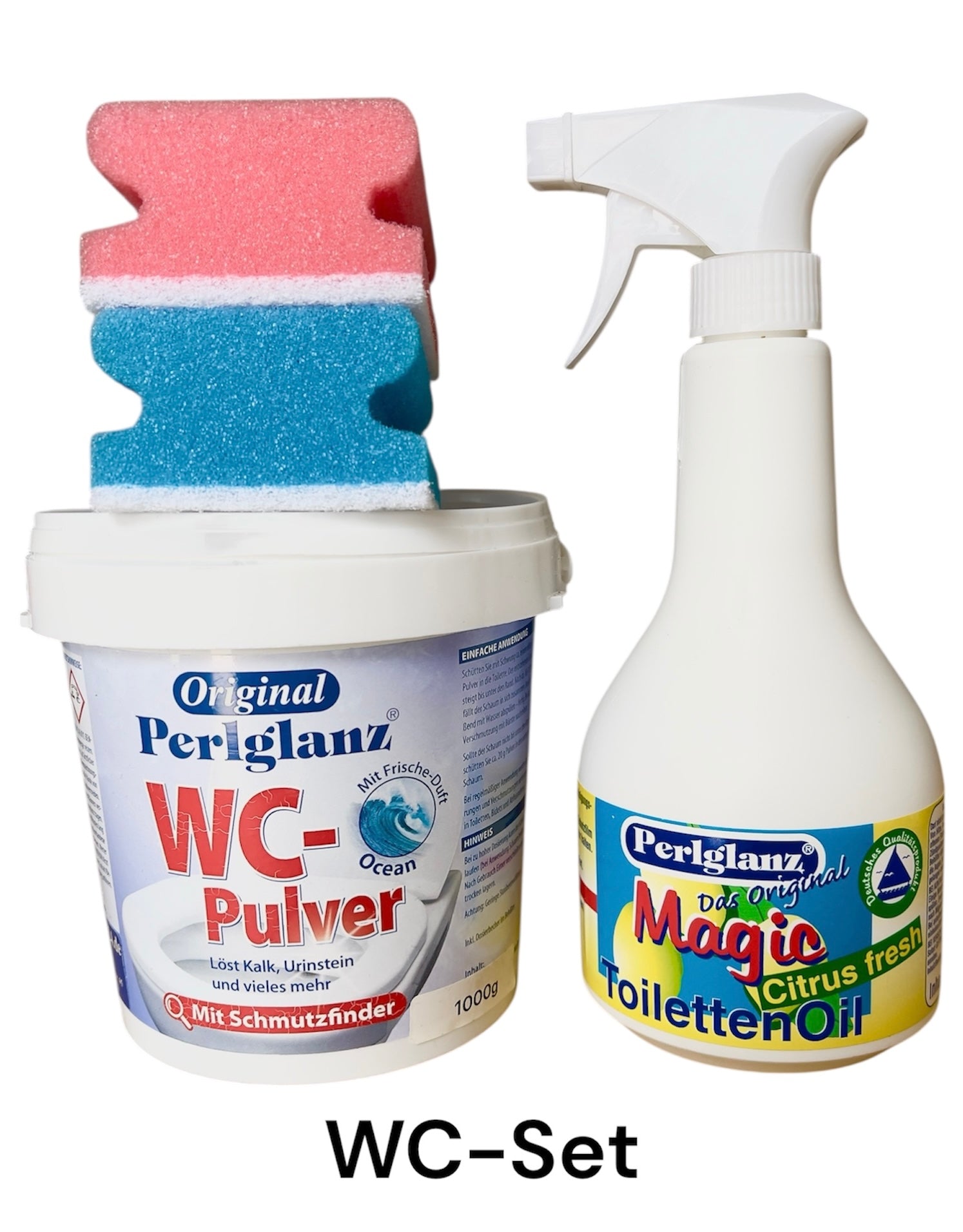 WC Set mit 1 x WC Pulver Ocean 1000g, 1 x Toilettenoil 500ml, und 2 Schwämme rot und blau