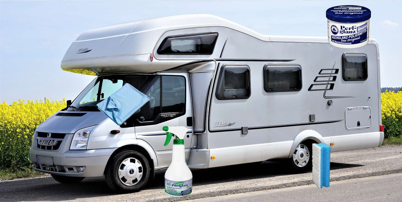 Weißes Wohnmobil von Hymer mit dafür geeigneten Perlglanz Produkten im Bild