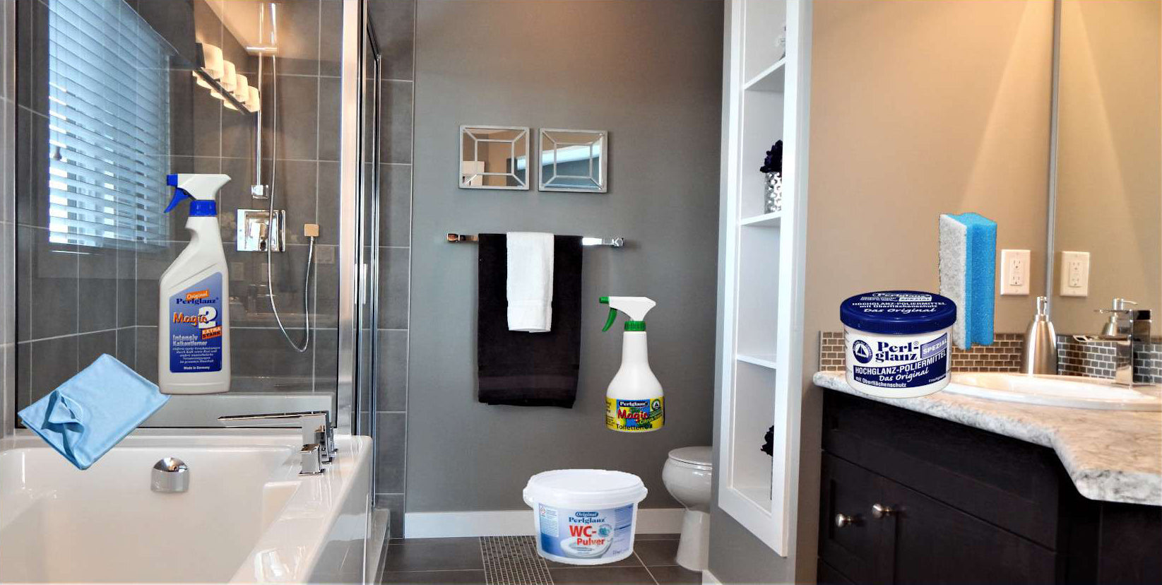 Badezimmer mit Glasdusche, Badewanne, WC und Marmorhandwaschbecken. Im Bild verteilt alle dafür geeigneten Perlglanz Reiniger.