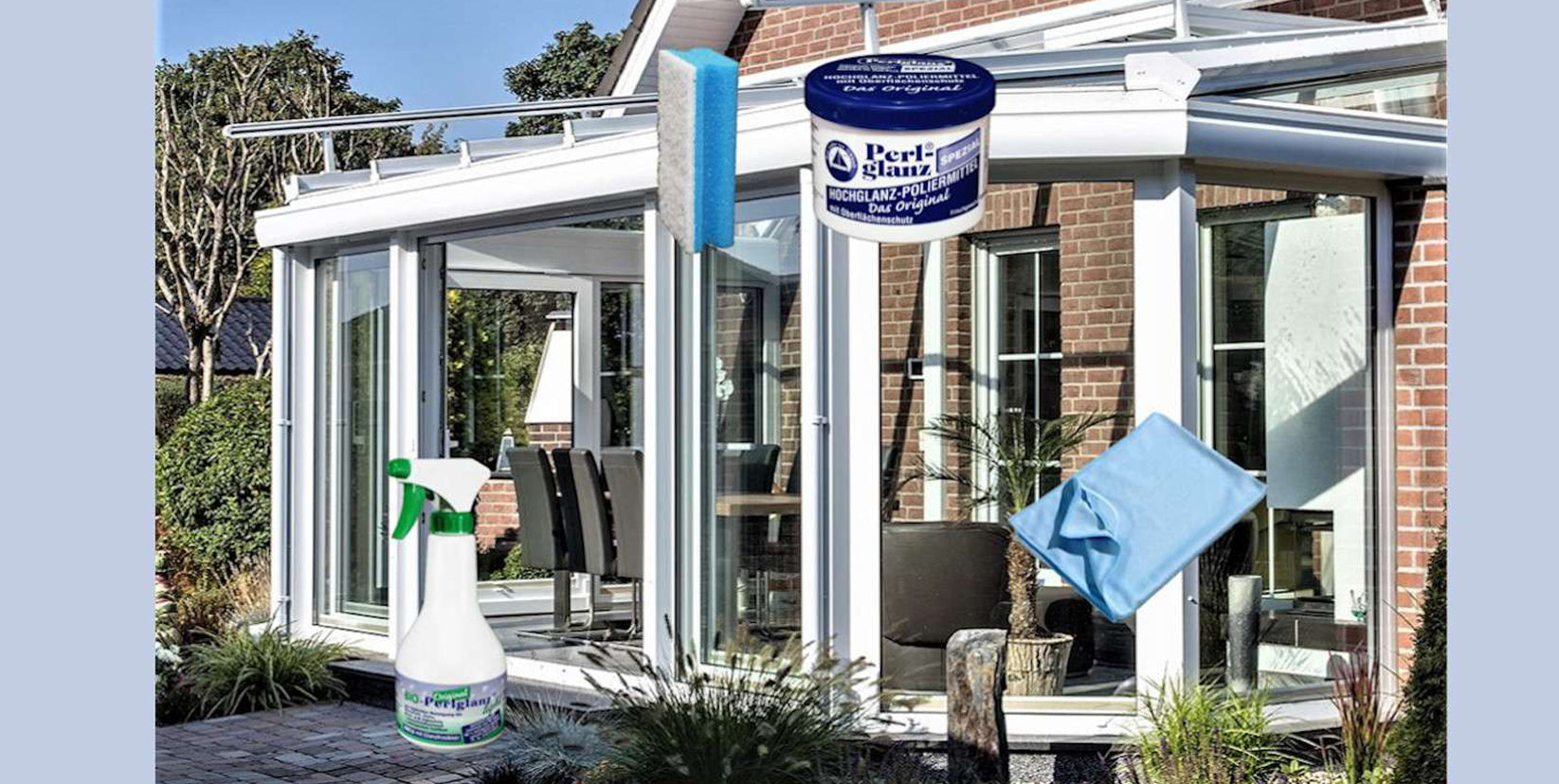 Weißer Wintergarten aus Glas und Kunststoff mit dafür geeigneten Perlglanz Produkten im Bild